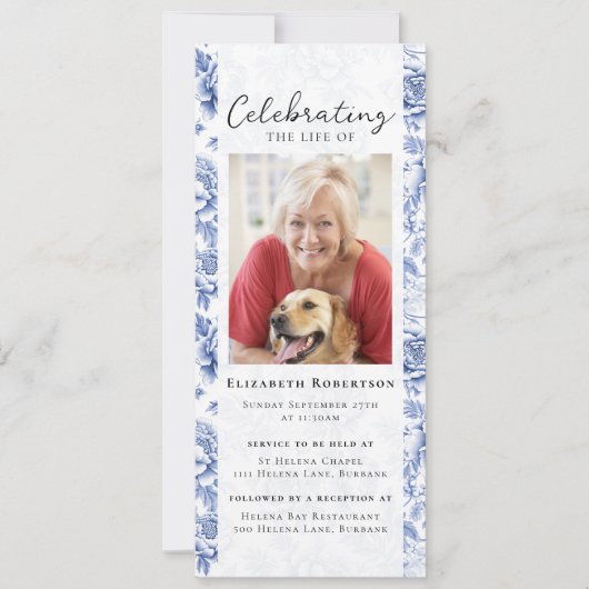 Blauw Toile Bloemen Foto Begrafenis Digitale Eviet Kaart (Voorkant)
