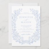 Blauw Toile Bloemen Krans Boheemse Classic Wedding Kaart (Voorkant)