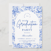 Blauw toile bloemengraduatiefeest kaart (Voorkant)