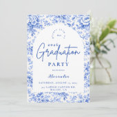Blauw toile bloemengraduatiefeest kaart (Staand voorkant)