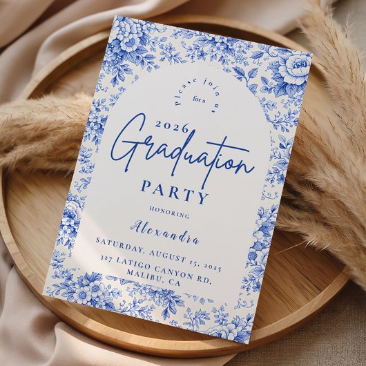 Blauw toile bloemengraduatiefeest kaart