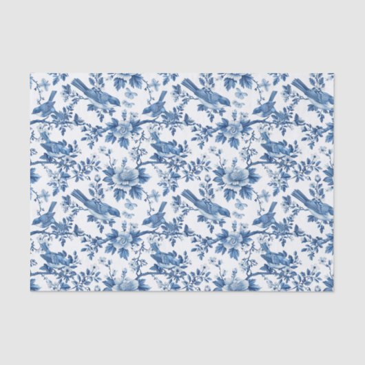 Blauw Toile Bloemenpatroon met vogels op takken Tissuepapier (Voorkant)