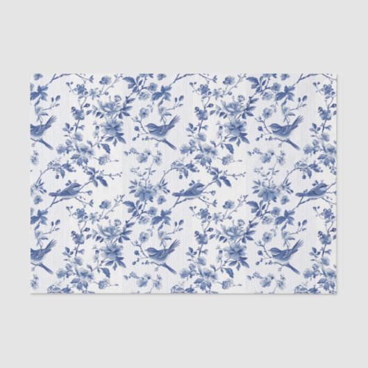 Blauw Toile Bloemenpatroon met Vogels & Strepen Tissuepapier (Voorkant)