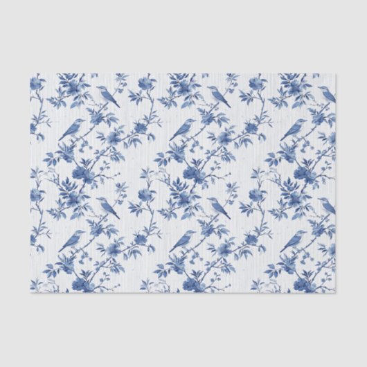 Blauw Toile Bloemenpatroon met Vogels Tissuepapier (Voorkant)