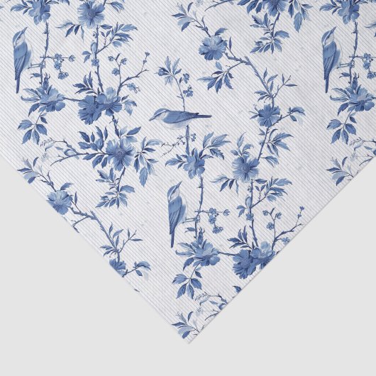 Blauw Toile Bloemenpatroon met Vogels Tissuepapier (Detail)