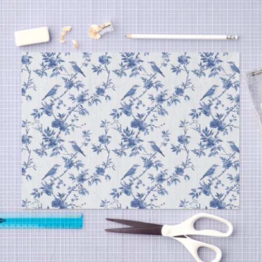 Blauw Toile Bloemenpatroon met Vogels Tissuepapier (Craft)