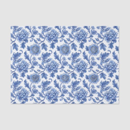 Blauw Toile Bloemenpatroon Tissuepapier (Voorkant)