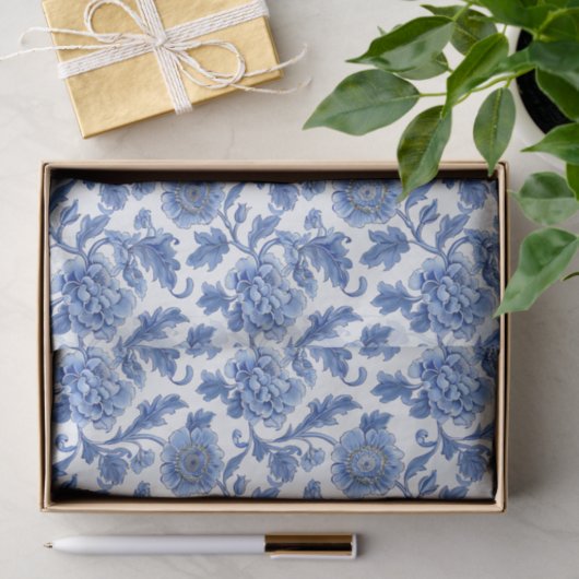 Blauw Toile Bloemenpatroon Tissuepapier (Geschenk)
