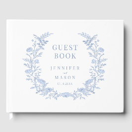 Blauw toile bloemenslingers bruiloft gastboek gastenboek