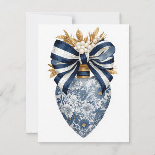 Blauw toile bloemhart marine streep boog feestdagenkaart