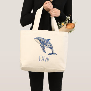 Blauw toile bloemige strand dolfijn gepersonalisee grote tote bag
