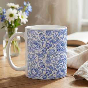 Blauw toile bloempatroon klassieke botanische koffiemok