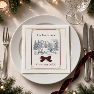Blauw toile burgundy strik kerst cocktail servette servet