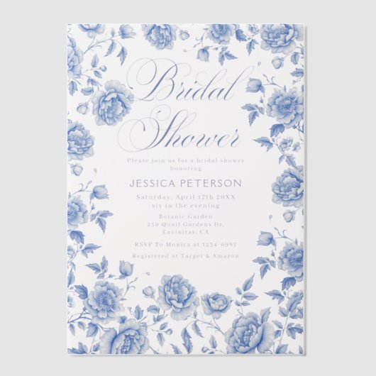 Blauw toile chinoiserie bloemetuin bruiloftsfeest vellum uitnodigingen (Voorkant)