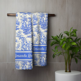  blauw Toile de Jouy bedrukt Bad Handdoek