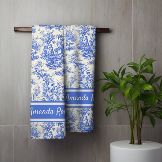  blauw Toile de Jouy bedrukt Bad Handdoek