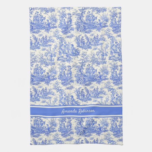  blauw Toile de Jouy bedrukt Theedoek (Verticaal)
