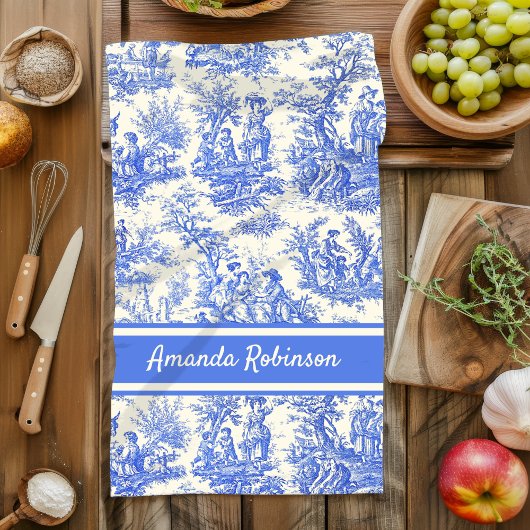  blauw Toile de Jouy bedrukt Theedoek