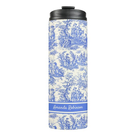 blauw Toile de Jouy bedrukt Thermosbeker (Voorkant)