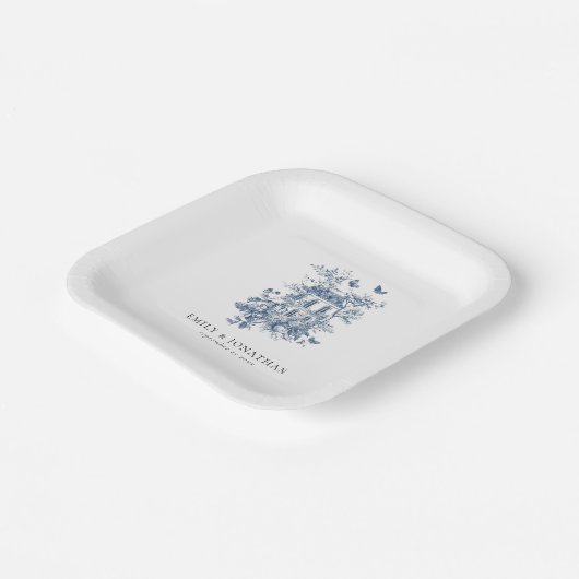 Blauw Toile De Jouy Bloemen Namen Datum Bruiloft Papieren Bordje (Gebogen)