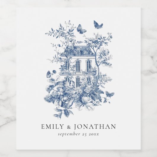 Blauw Toile De Jouy Bloemen Namen Datum Bruiloft Wijn Etiket (Enkel label)