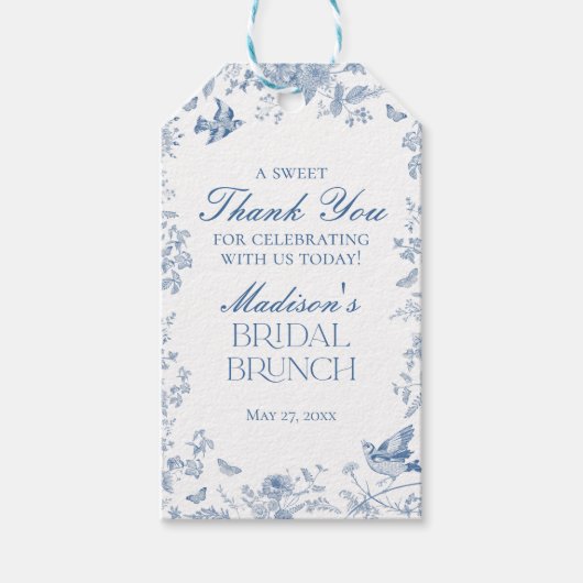Blauw Toile De Jouy Bruids Brunch Favoriets Cadeaulabel (Voorkant)