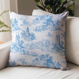 Blauw Toile de Jouy dorpslandschap patroon Kussen