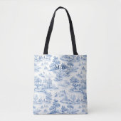 Blauw Toile de Jouy Elegant Frans Stijl Monogram Tote Bag (Voorkant)