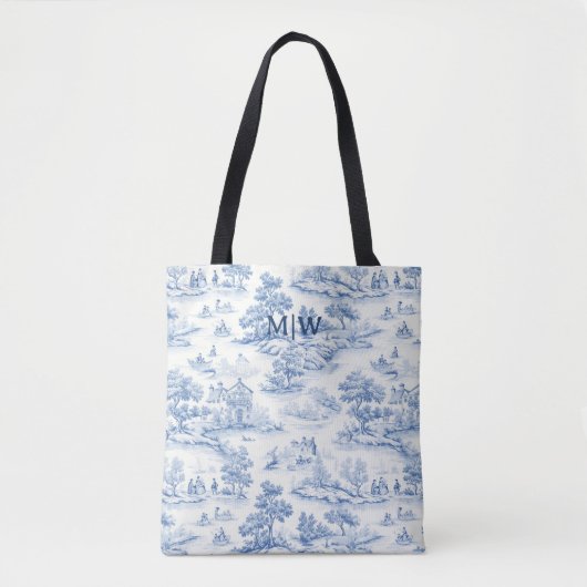 Blauw Toile de Jouy Elegant Frans Stijl Monogram Tote Bag (Voorkant)