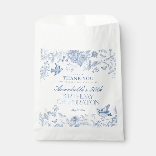 Blauw Toile de Jouy Floral Verjaardag Dessert Bedankzakje (Voorkant)