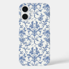 Blauw Toile de Jouy Frans Landelijk Bloemmotief iPhone 16 Hoesje