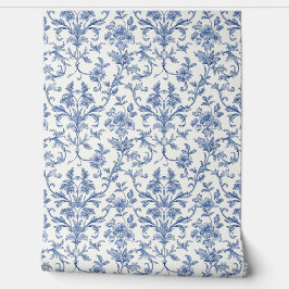 Blauw Toile de Jouy Frans landelijk bloempatroon Behang