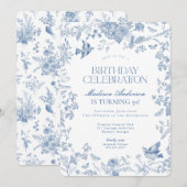 Blauw Toile de Jouy Franse Bloemen Verjaardagsfees Kaart (Voorkant / Achterkant)