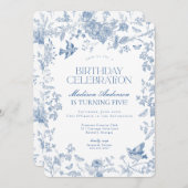 Blauw Toile de Jouy Franse Bloemen Verjaardagsfees Kaart (Voorkant / Achterkant)