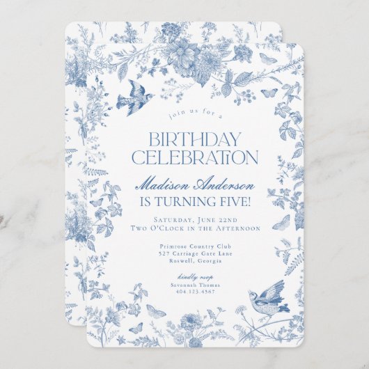 Blauw Toile de Jouy Franse Bloemen Verjaardagsfees Kaart (Voorkant / Achterkant)