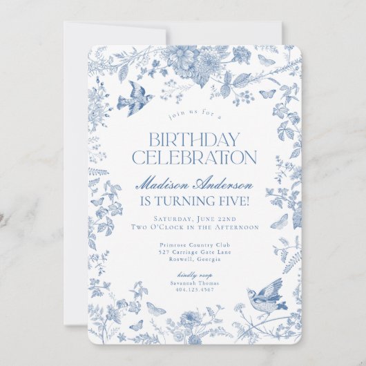 Blauw Toile de Jouy Franse Bloemen Verjaardagsfees Kaart (Voorkant)