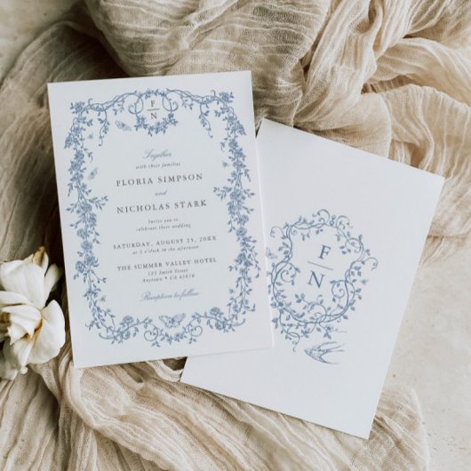 Blauw Toile de Jouy Huwelijksuitnodiging Chinoiser Kaart