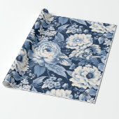 Blauw Toile de Jouy Kerstpatroon Cadeaupapier (Uitgerold)