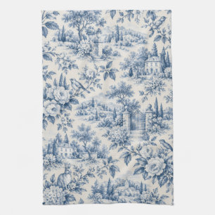 Blauw Toile de Jouy Landschap Patroon Theedoek