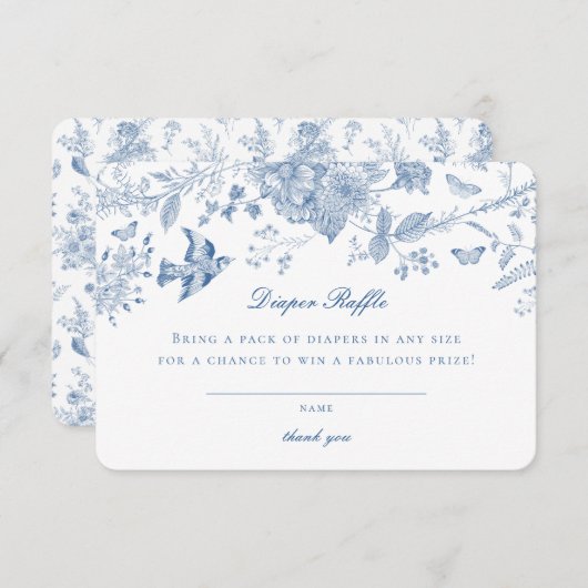 Blauw Toile De Jouy Luier Raffle Uitnodiging Invoe Informatiekaartje (Voorkant / Achterkant)
