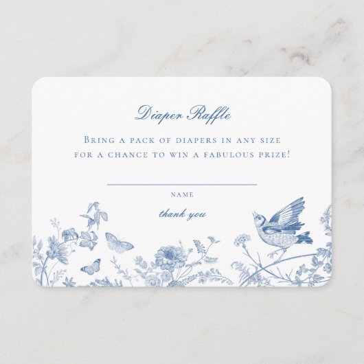 Blauw Toile De Jouy Luier Raffle Uitnodiging Invoe Informatiekaartje (Voorkant)
