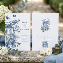 Blauw Toile De Jouy QR Huwelijk Opslaan de Datum