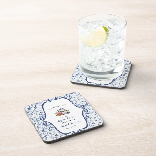 Blauw Toile de Jouy Thee Feest Bruidscadeau Bier Onderzetter (Rechterzijde)