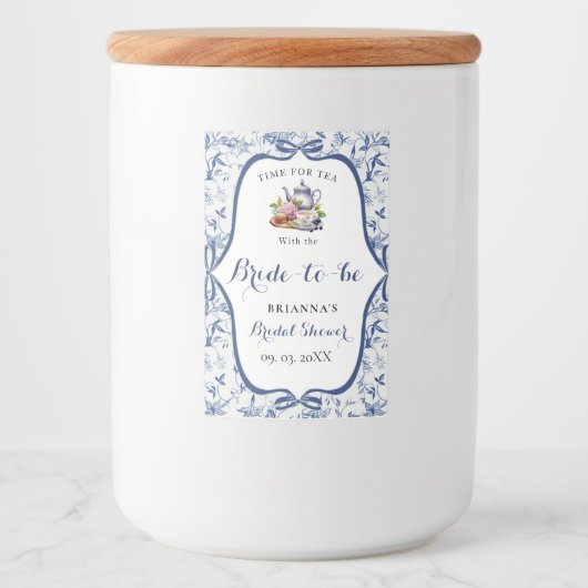 Blauw Toile de Jouy Thee Feest Bruidsjurk shower Voedselcontainer Etiket (Voorkant)