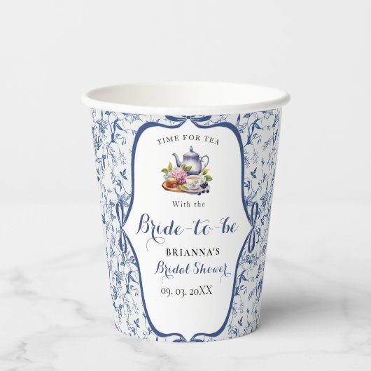 Blauw Toile de Jouy Theepartij Bruidscadeau Papieren Bekers (Achterkant)