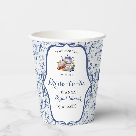 Blauw Toile de Jouy Theepartij Bruidscadeau Papieren Bekers (Voorkant)