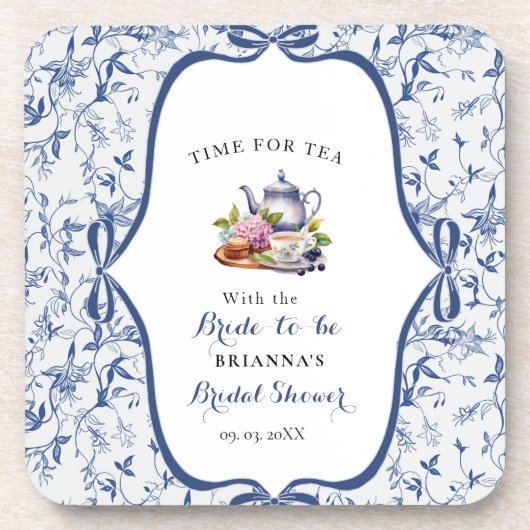 Blauw Toile de Jouy Theepartij Bruidsdouche Bier Onderzetter (Voorkant)