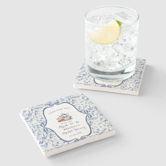 Blauw Toile de Jouy Theepartij Bruidsmeisjesfeest Stenen Onderzetter (Zijkant)