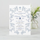 Blauw toile doop uitnodiging jongen (Staand voorkant)