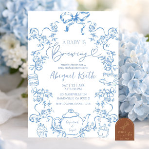 Blauw Toile Een Baby Is Aan 't Brouwen Thee Feest Kaart